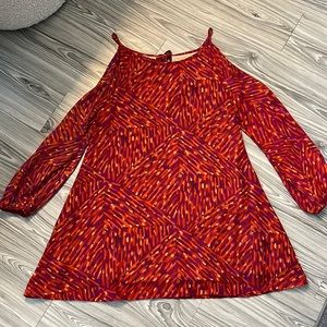 RED PRINTED LONG SLEEVE COLD SHOULDER DRESS